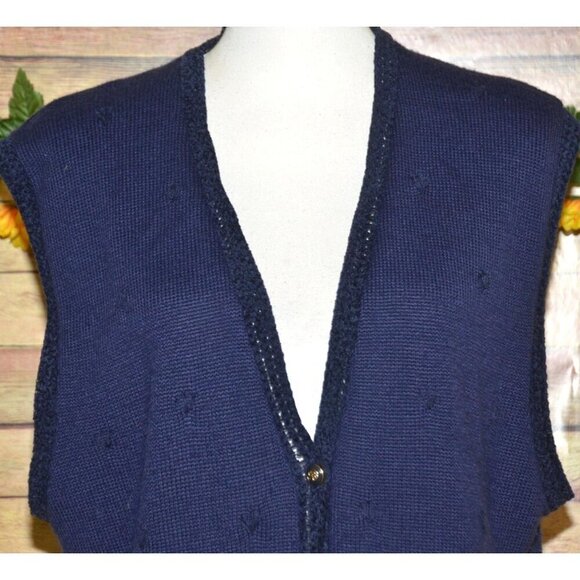 Vintage Koret Ladies L Blue Wool Blend Cardigan Vest Sweater Embroidered Floral - Picture 2 of 11